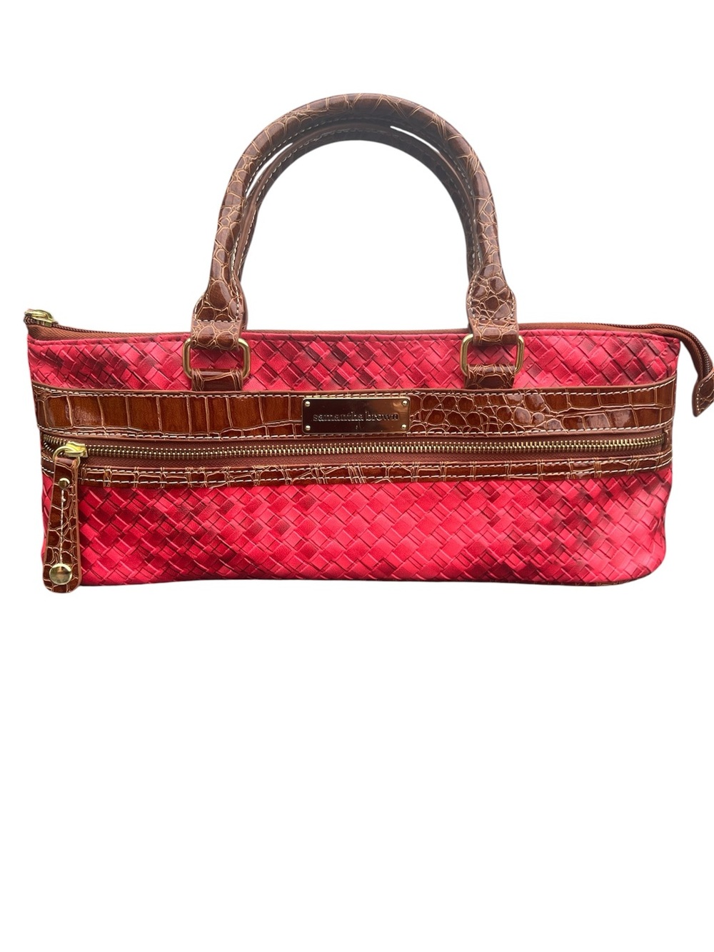 Woven Magenta Clutch with Brown Croc-Trim - Unknown Brand